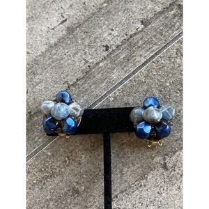 Lisner Clip Ons Earrings Vintage Blue Beads Gold Tone 50s